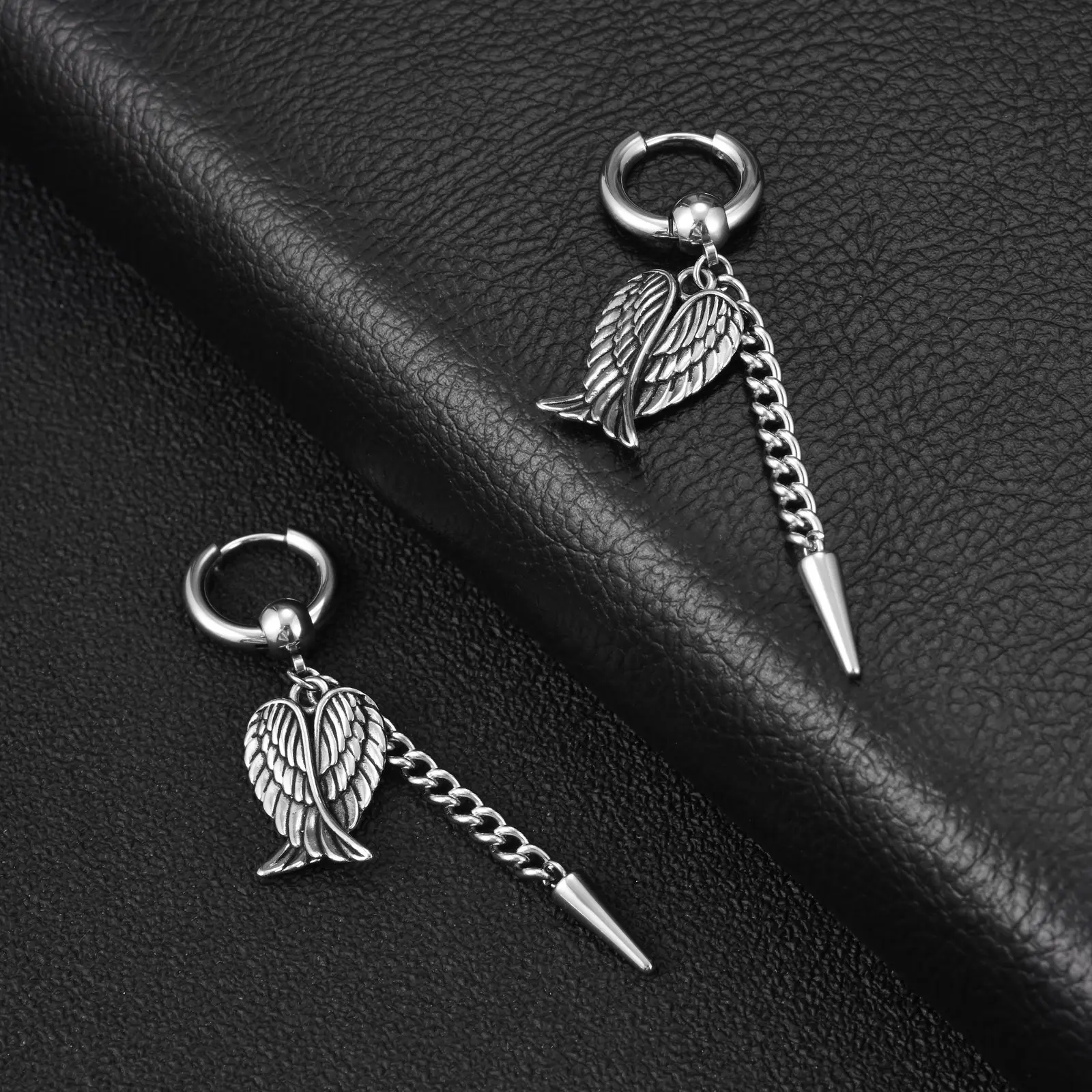 Punk-Flügel-Creolen für Männer, Vintage Edelstahl Lange Ketten-Ohrhänger, Antiallergische Durchstechbare Ohrringe Schmuck – Detail 3