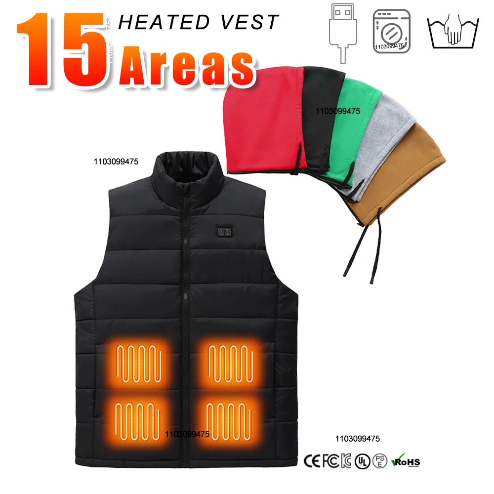 

15 Areas Heated Vest USB Rechargeable Heated Jacket Men Women Keep Warm Electric Heated Skiing Vest Winter Sports Accessories
