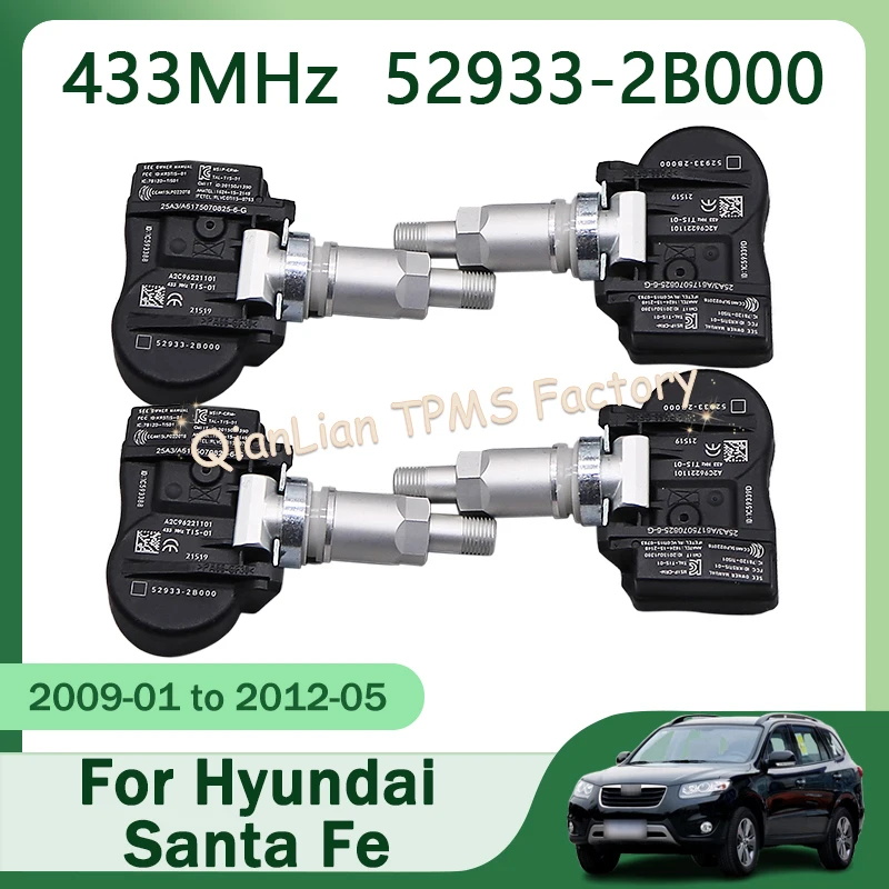 4pcs 52933-2B000 Car Tire Sensors System For Hyundai Santa Fe 2009 2010 2011 2012 Tire Pressure Monitoring System 433MHz