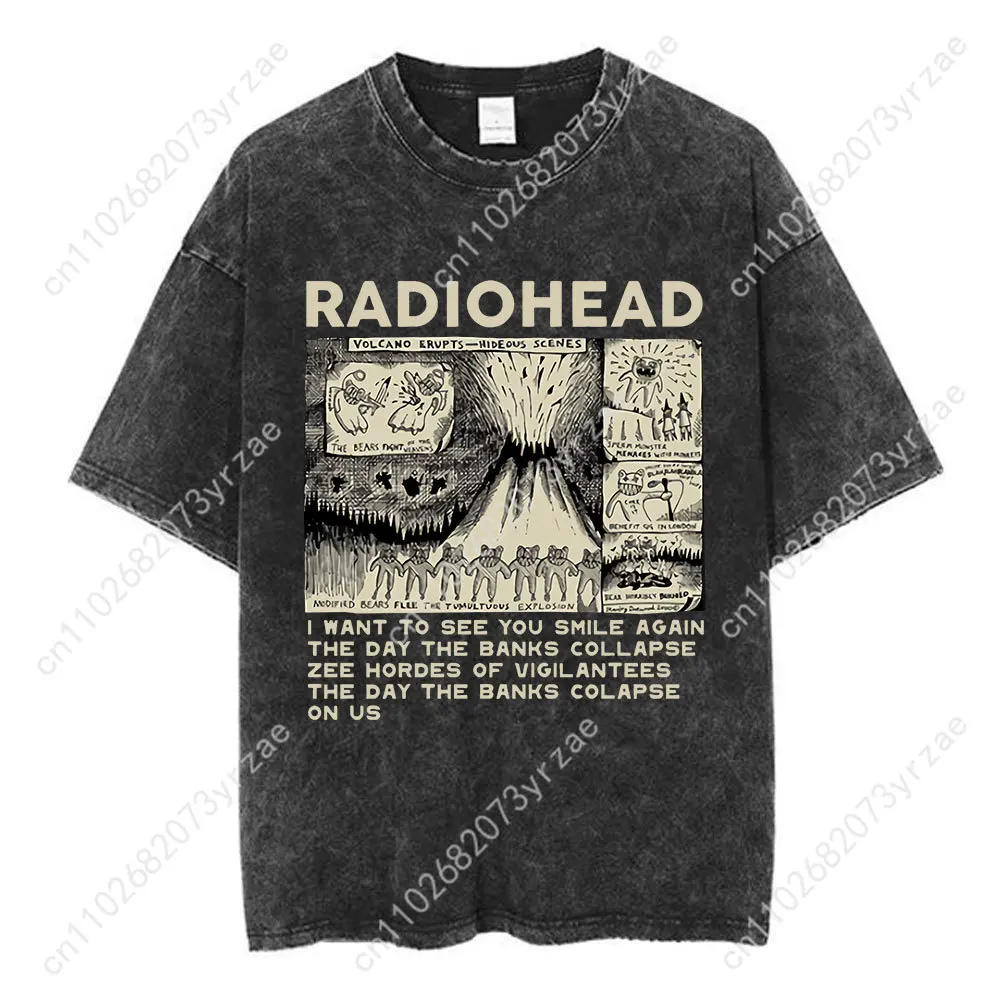 

Radiohead Rock Band Washed Retro Tee Man Woman High Quality Vintage Cotton Short Sleeves Fashion T-shirt Soft Breathable Tops