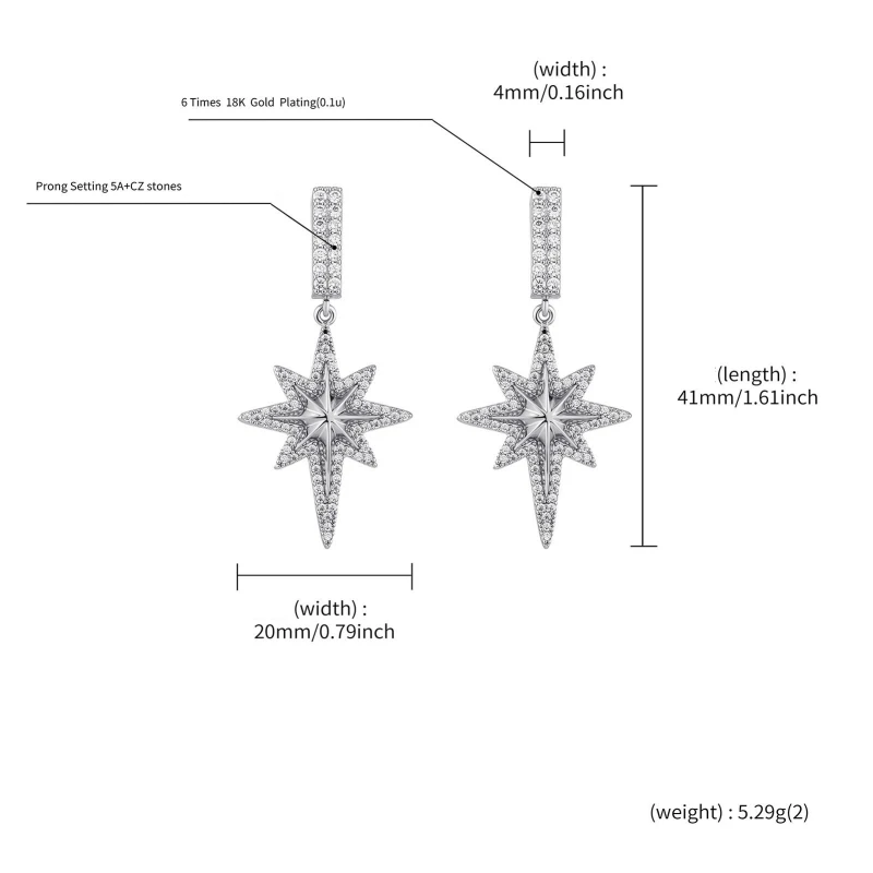 Sparkling North Star Cubic Zirconia Dangle Huggie Earrings Silver Needle Luxury North Star Drop Earrings Unisex Fashion Jewelry