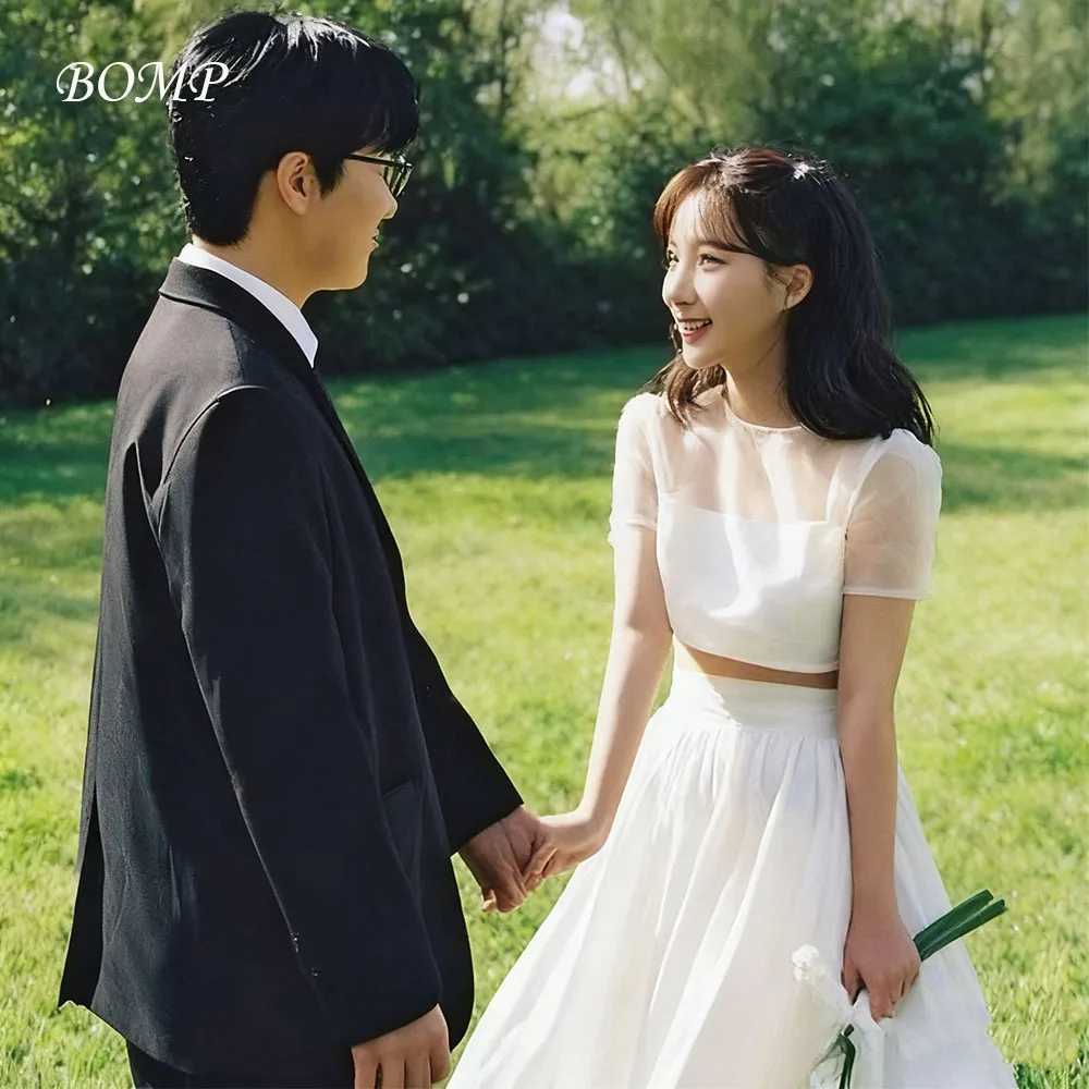 

BOMP Корейские свадебные платья из двух частей с круглым вырезом и короткими рукавами, свадебное платье трапециевидной формы, свадебные платья для фотосессии по индивидуальному заказу