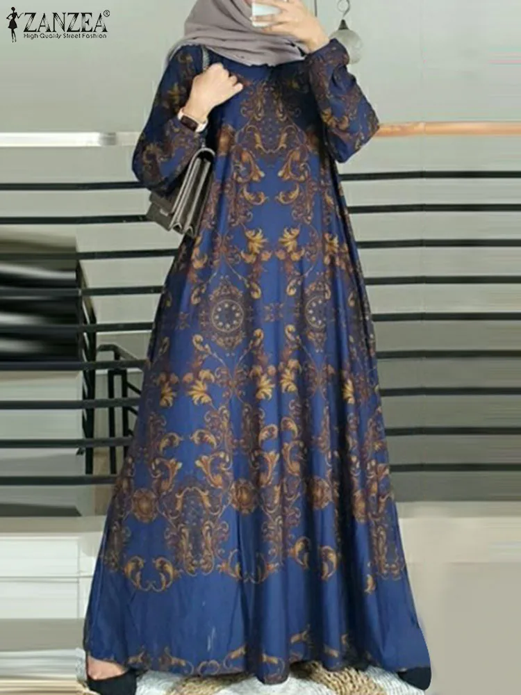 ZANZEA Woman Elegant Floral Printed Dress Long Sleeve O-Neck Muslim Dresses Vintage Party Maxi Robe Abaya Sundress Oversized