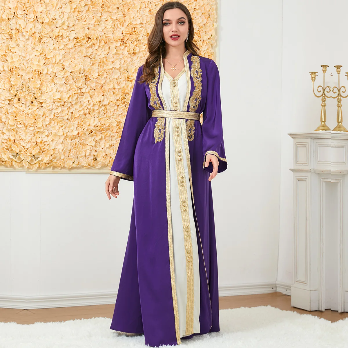 Imagem -05 - Ramadan Muçulmano Abaya Islam Kimono e Colete Vestido Peça Conjunto Jalabiya Robe Islâmico Vestido Formal Vestidos Marroquino Caftan