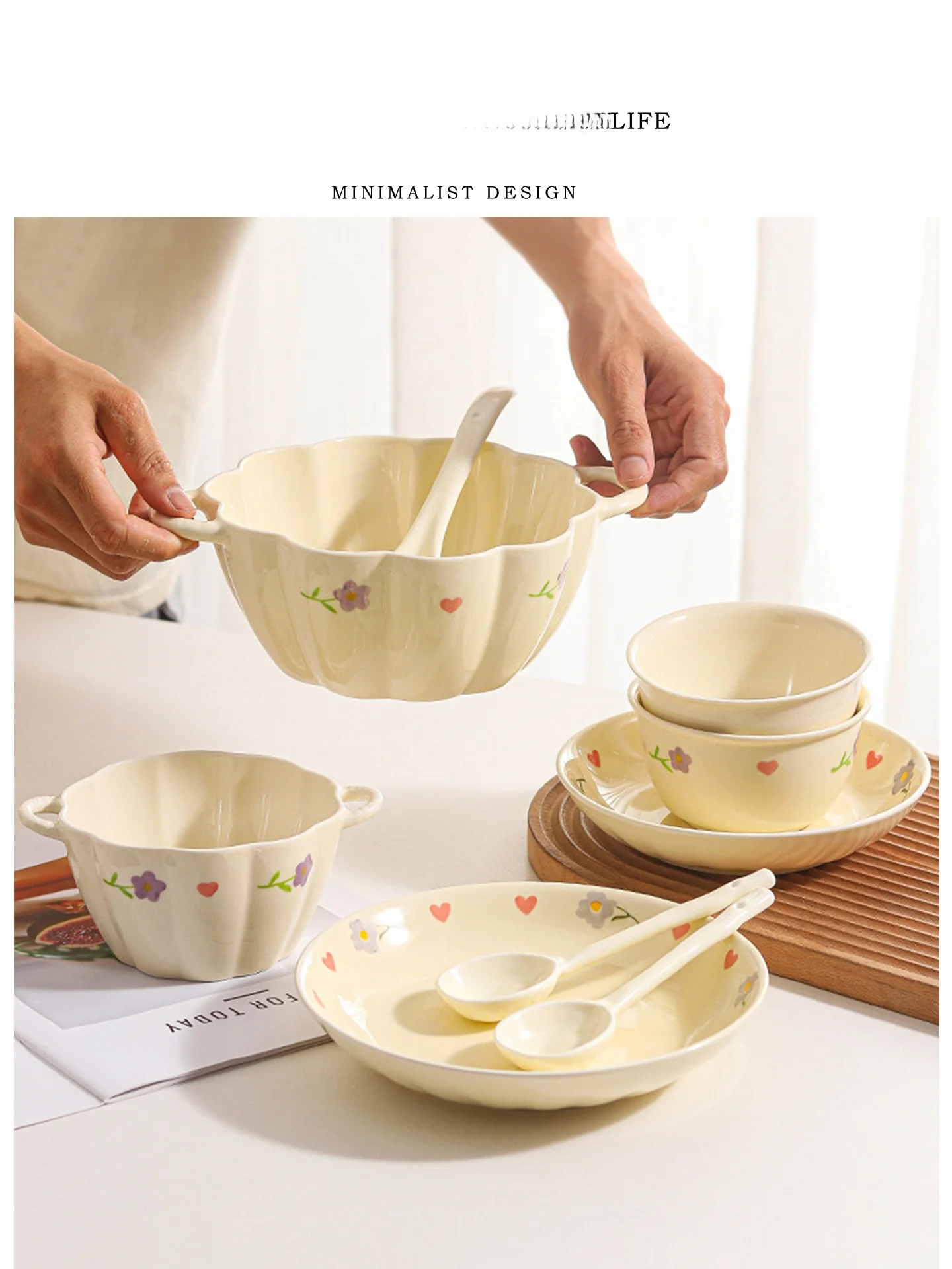 

Tlife Town Double Ear Cerc Bowl Purple Wisteria Flower Design High Aesthetic Value Home Use Rice Bowl with Stainl Steel...