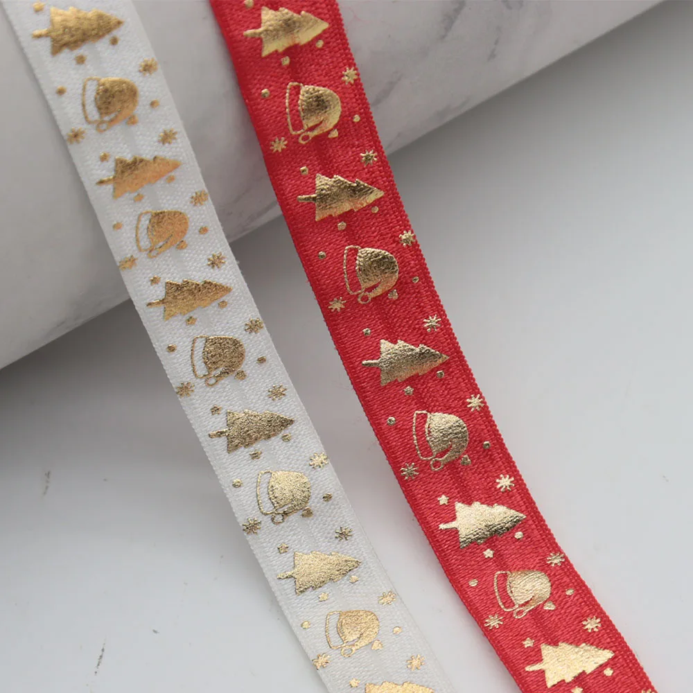 

5/8" 15mm Gold Red Foil Christmas Tree Printed FOE Band Fold Over Elastic Ribbon For Christmas Decoration DIY Sewing Accessories