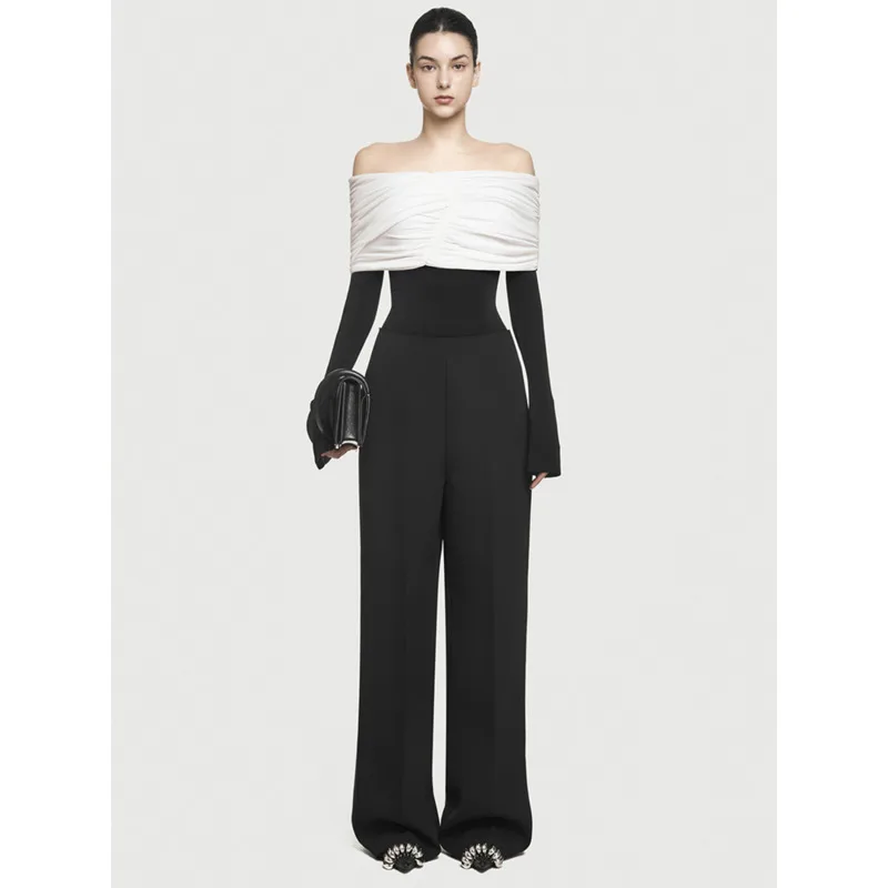 

[Vibe] Fashion Women's Elegant 2 Pcs Set Pleated Patchwork Slash Neck Slim Top High Waist Straight Pants Sets 2025 New