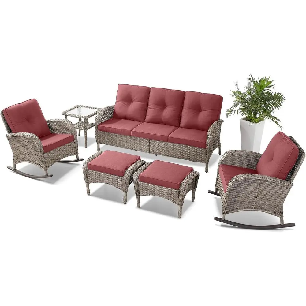 

6-Piece Outdoor Rocking Chair Set with Couch and Ottoman, Ideal for Patio, Deck, or Sunroom in Gray/Red
