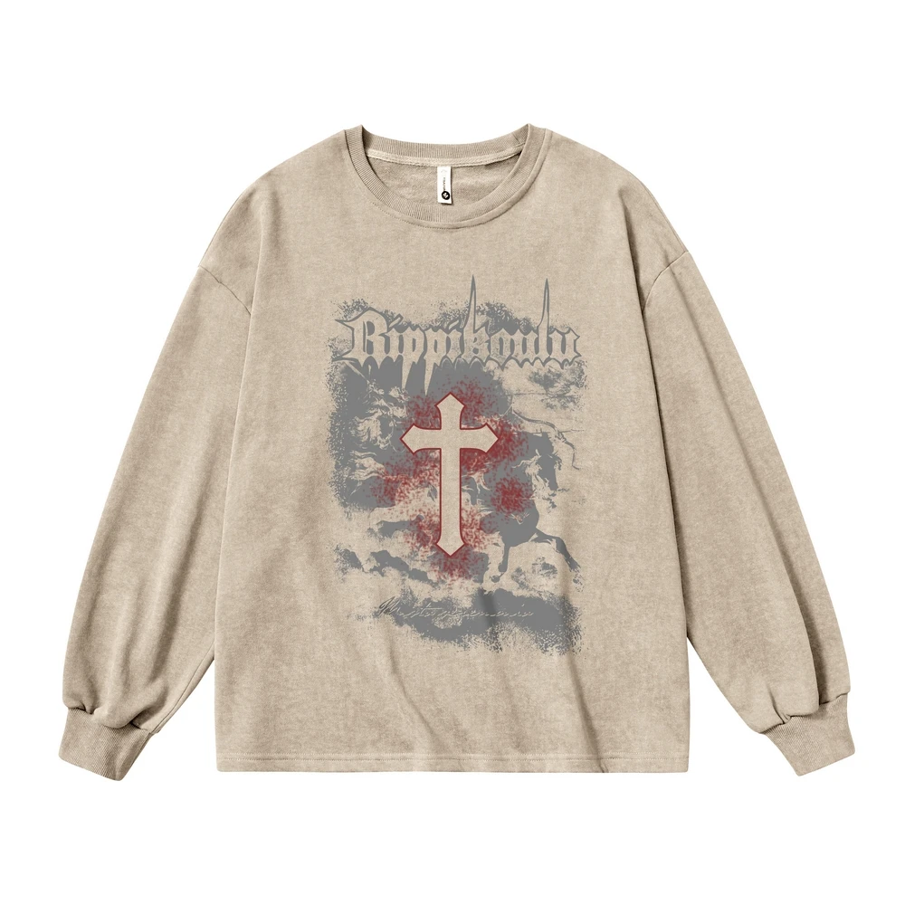 Cross Print Graphic Washed T Shirts Punk Clothes Vintage Men And Women Oversized Retro Tshirt Harajuku Long Sleeve 2022 Top Tees