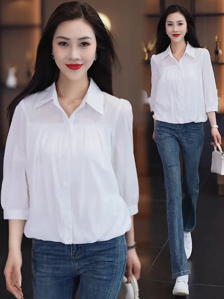 

Trendy Women's Loose ort irt Spring Summer Faion 2026 Seven-Quarter Sve Design Base irt Belly Covering Top