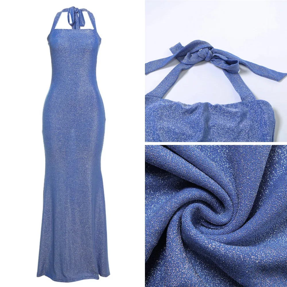 Sukienka maxi typu halter, obcisła, błyszcząca, seksowna, z brokatem, długa, elegancka, na imprezę, do klubu nocnego, na jesień, nowa.