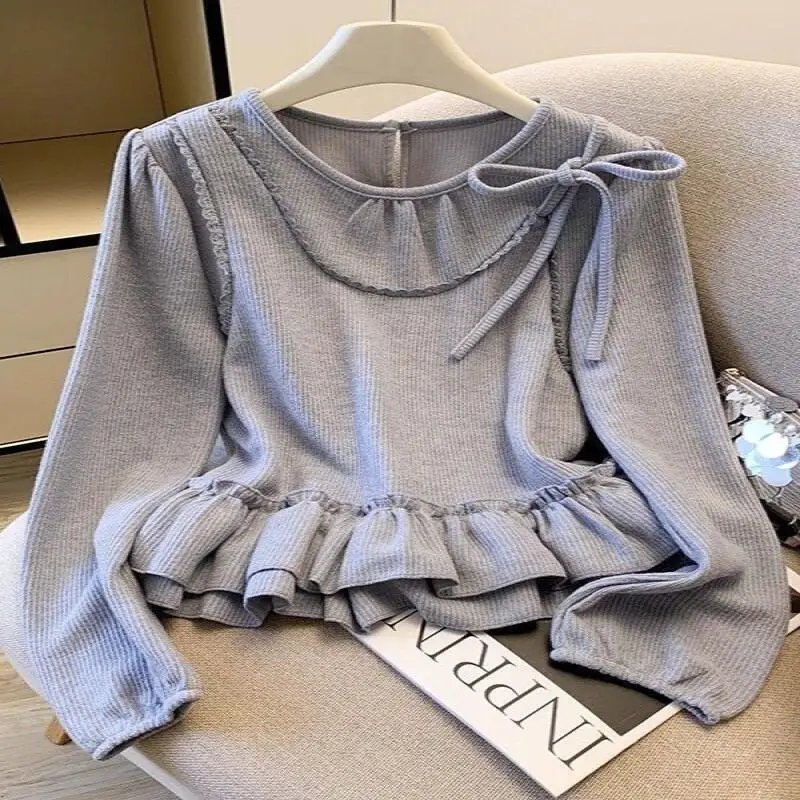 

Новая зимняя женская коричневая кружевная футболка с длинным рукавом и круглым вырезом для полных женщин, универсальная повседневная одежда, молодежный облегающий крой, топы