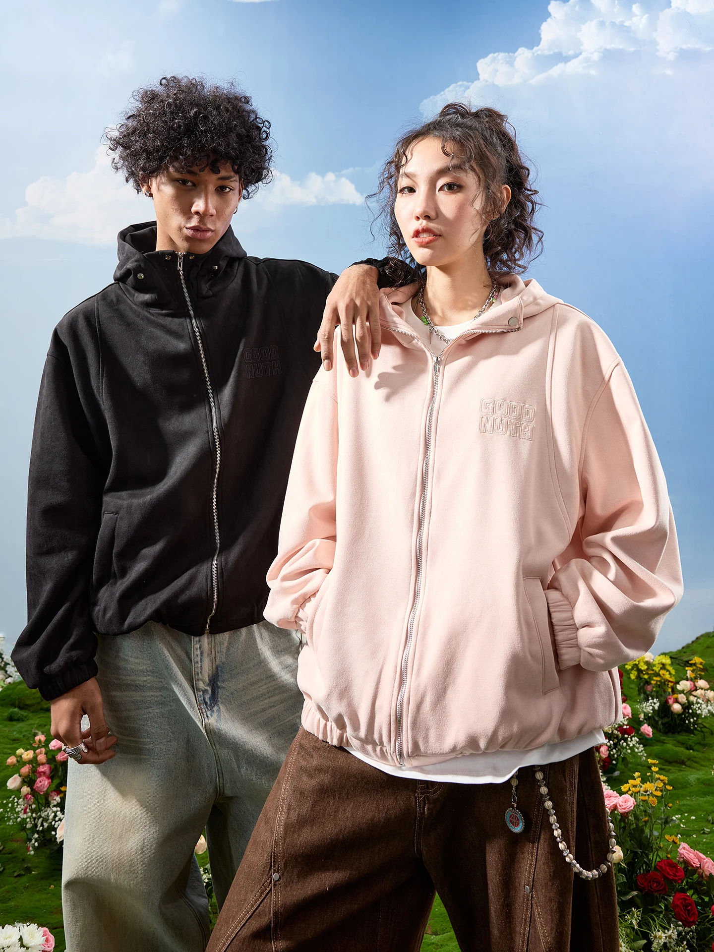 

Nuthink American Retro Letter Embroidery Zipper Hoodie Suede Jaet ex Spring Comfortable Warmth Youth Casual Long Sve