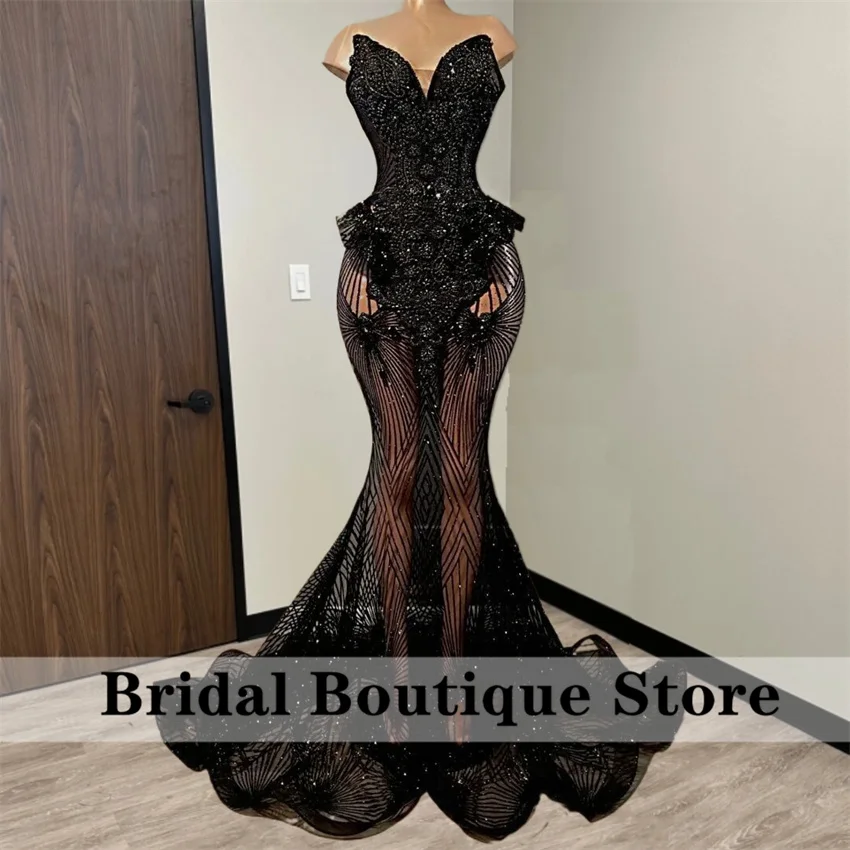 Sparkly Black Diamonds Long Prom Dresses 2024 Sparkly Beads Rhinestone Crystal Sequins Birthday Party Gown Wedding Reception