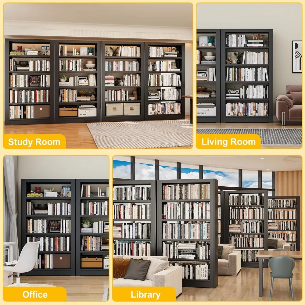 رف كتب معدني عريض مقاس 36 بوصة مع 5 أرفف، طراز صناعي أسود، قوي وطويل للكتب ذات الغلاف الصلب