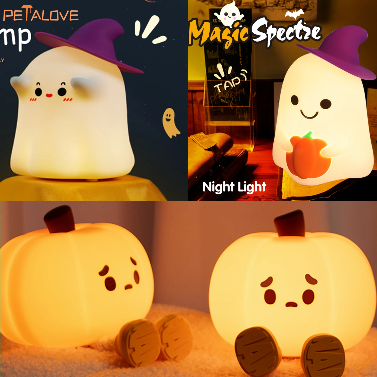 Novel Halloween Night Light Silicone Ghost Pumpkin Shapes Rechargeable Touch Bedside Sleep Lamp Decoration