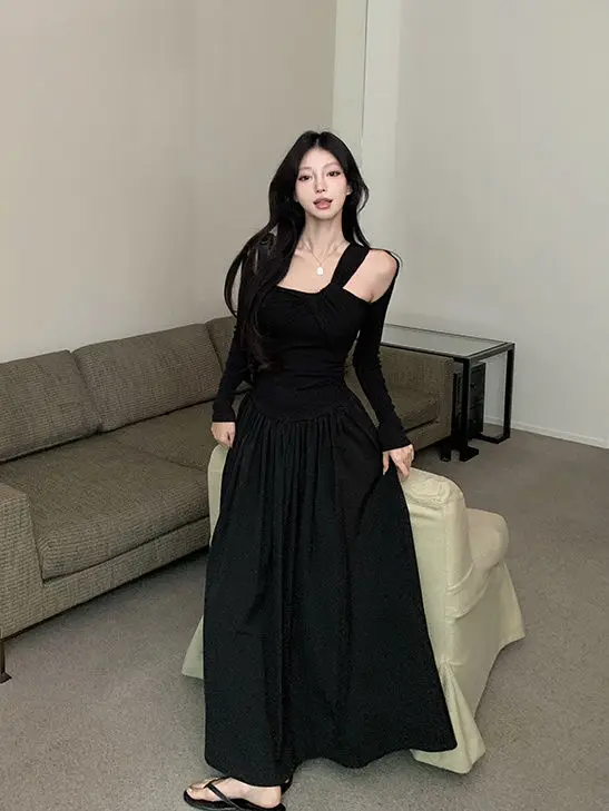 Abito a maniche lunghe con spalle scoperte grigio retrò anni '50 Abito lungo slim fit per le vacanze da donna Abito elegante a trapezio sottile con cuciture in vita