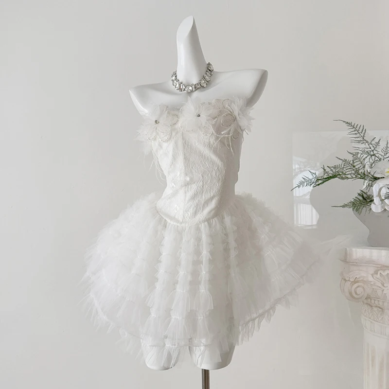 3D Flower Pleated Pink Dress Womens Strapless Mini Dress Sexy Lace Sleeveless Ruffle Tiered Summer Party Club Tube Dresses