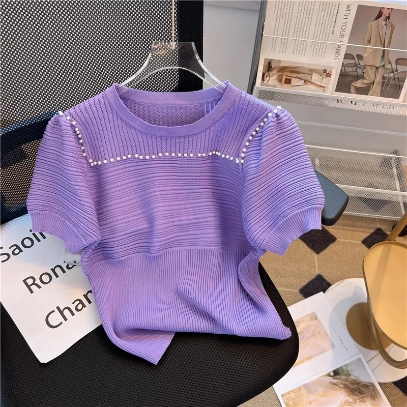 

Women'S Casual Pearl-Embroidered Short Sleeve Knit Top Puff Sleeves - White, Lightweight, Summer Blouse Office Ladies T-shirt
