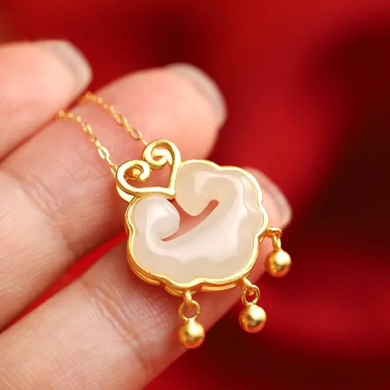 

New Classic Chinese Style Silver Inlaid Natural Hetian White Jade Ruyi Pendant Ancient Gold Craft Necklace Ladies Jewelry