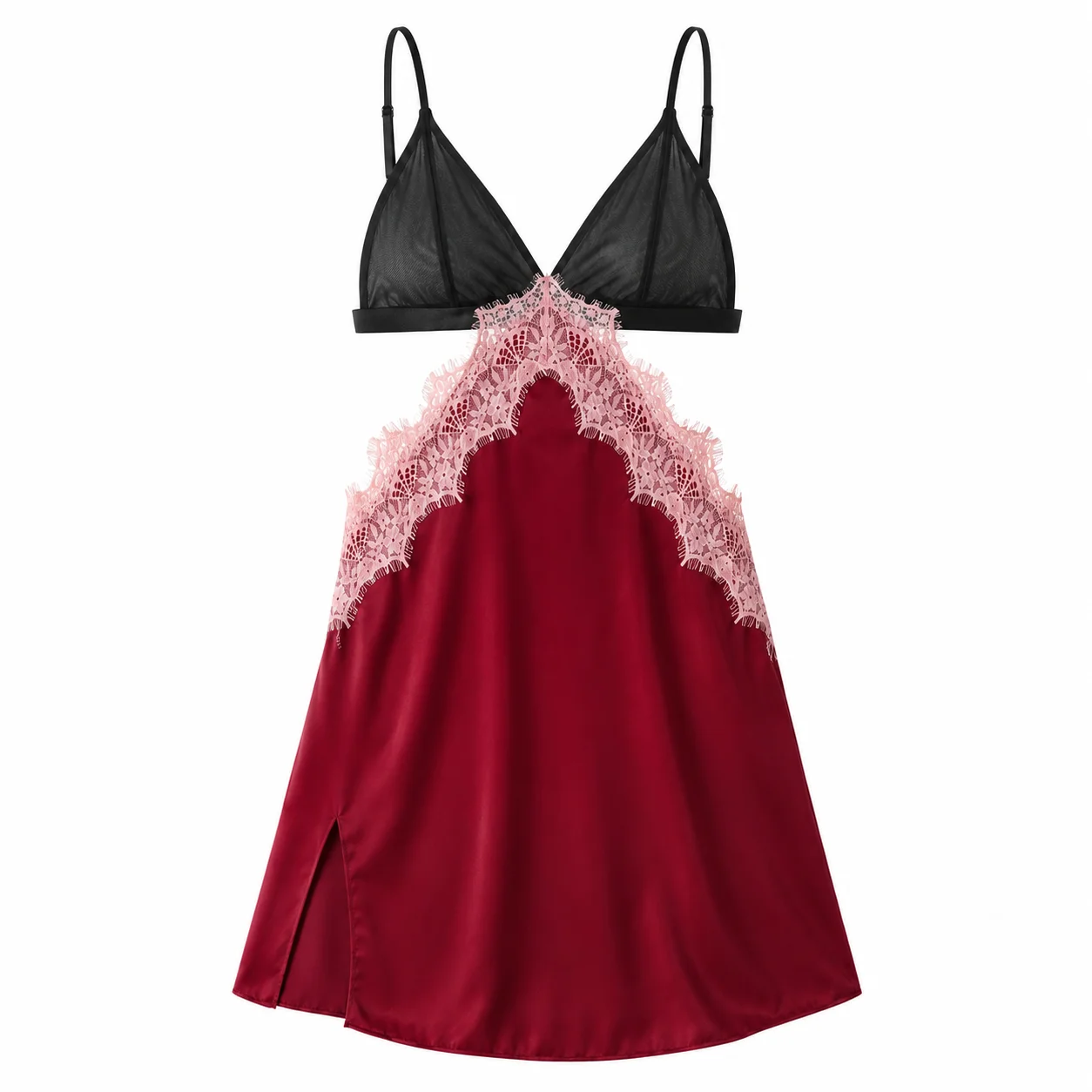 Lace Lingerie Chemise, Satin Slip Dress with Contrast Lace for Women Date Night Romantic Luxury