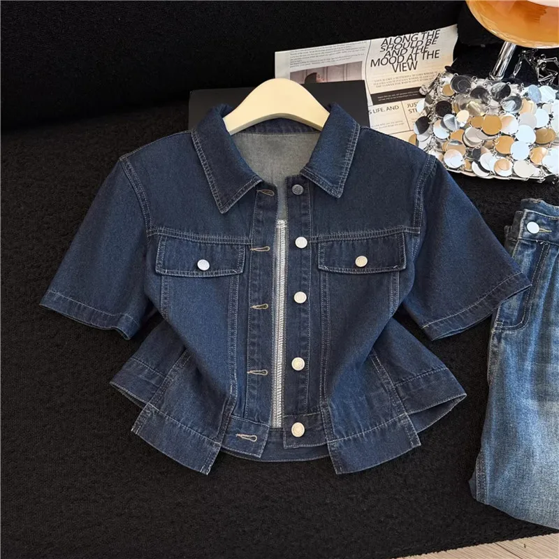 

Spring Summer Women Dark Blue Short Denim Jacket turndown collar single-breasted short sleeve jeans jacket coat chaqueta mujer