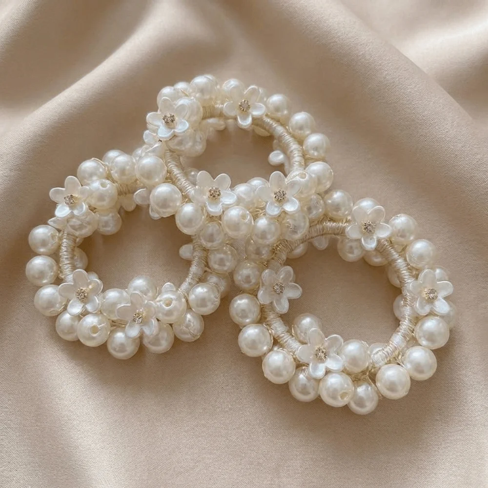 Decorative Sweet Faux Pearl Hair Ties Beaded 2 in 1 Hair Accessories Bracelet Hand-Woven Ponytail Holders Daily