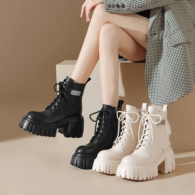 

Real Leather Cross-tied Women Ankle Boots Comfortable Thick Sole Chunky Heels Ladies Ankle Boots Autumn Winter New Female Shoes