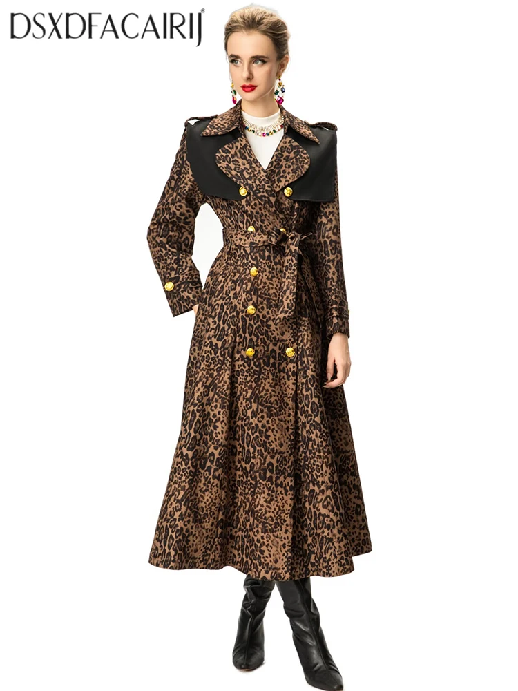 DSXDFACAIRIJ معطف واق من المطر مزدوج الصدر بطبعة الفهد للنساء مع ياقة بحار وأكمام طويلة ورباط ملابس خارجية للخريف