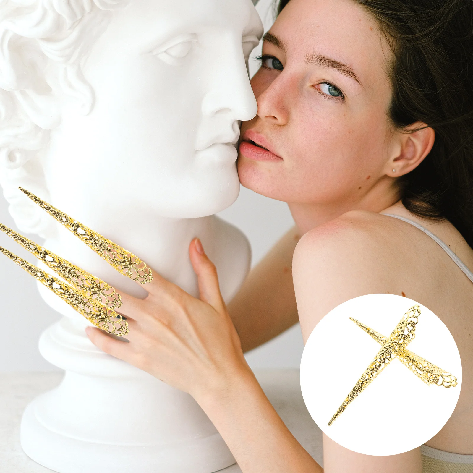 

10pcs Long Artificial Nail Iron Hollow Design Finger Jewelry For Party Costume Nail Rings Women Fashion Finger