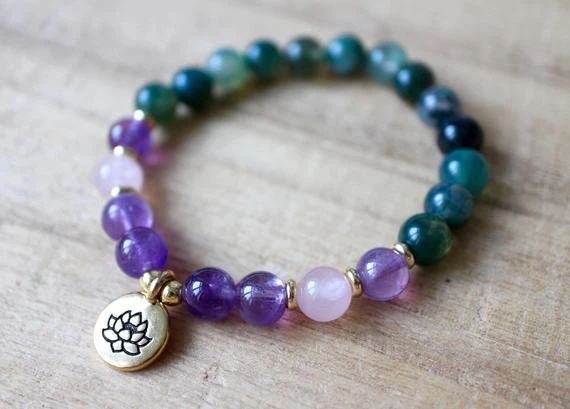 Moss Agate, Amethyst and Rose Quartz Mala Bracelet, 21 Beads, Meditation Mala, Yoga Jewelry - Abundance, Recovery from