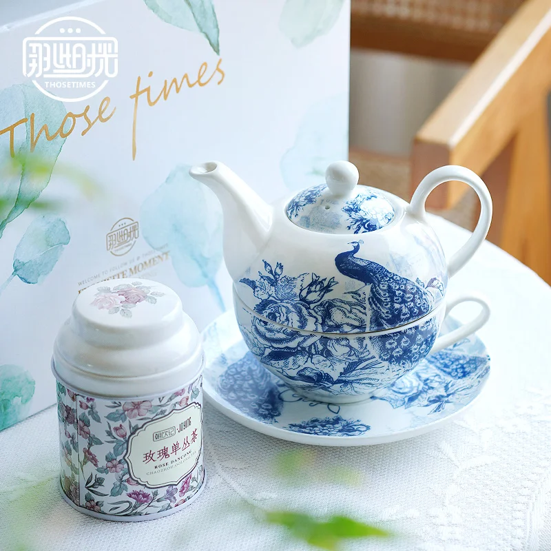 Peacock Blue Tone Mother Pot English Afternoon Tea Set Flower Tea Pot One Pot One Plate Exquisite Afternoon Tea Set