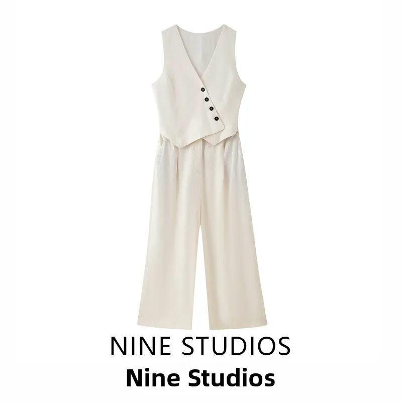 

NINE ZA Women's Mixed Media Linen Blend Jumpsuit Straight Leg Pants Vest Sle High Waist Long Cotton Commute Faion
