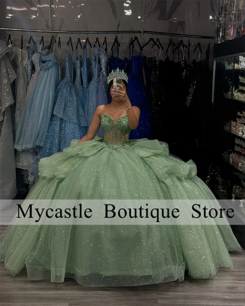 Mint Green Tulle With Bow Quinceanera Dress Ball Gown 2025 Lace Applique Beading Sweet 16 Dress Customized Vestidos De 15 Anos