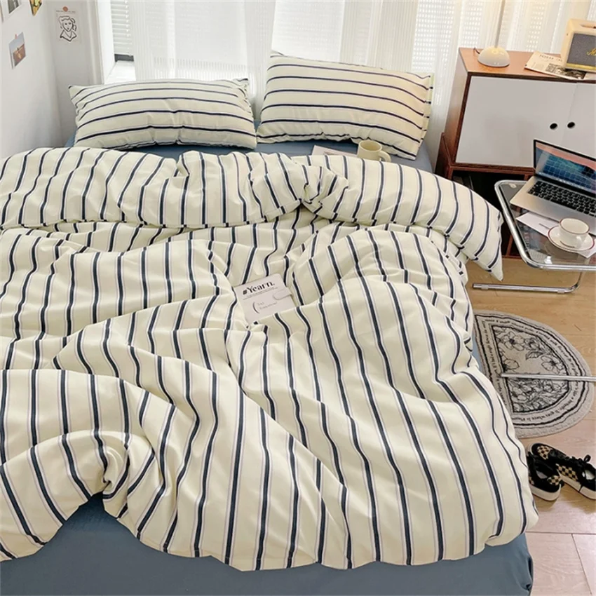 Pure Cotton Bedding Set Red Striped Home Textile Simple Duvet Cover Bed Sheet Pillowcase Ins Style Bed Linen Queen King Size