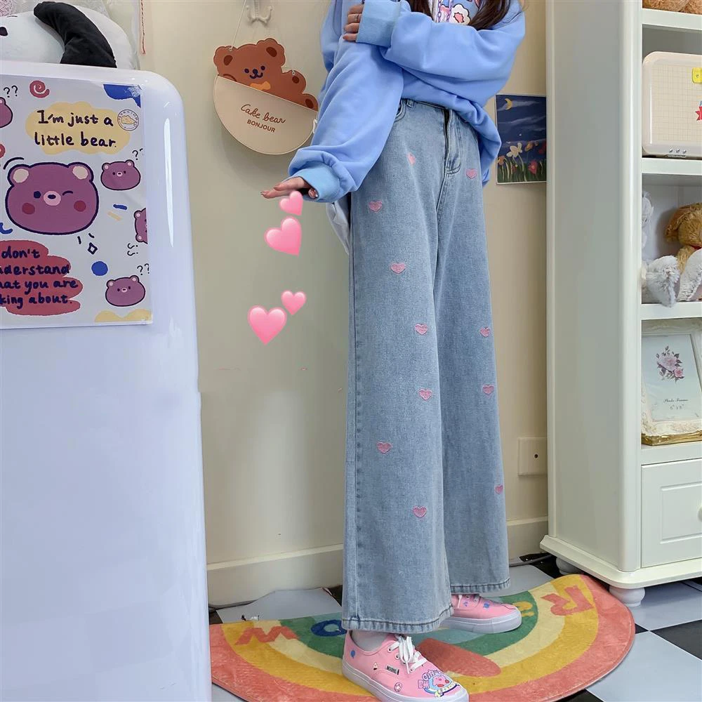 Sweet Hearts Embroidery Jeans Women Wide Leg Denim Trousers Baggy Mopping All-match High Waist Chic Loose Streetwear Retro Cute