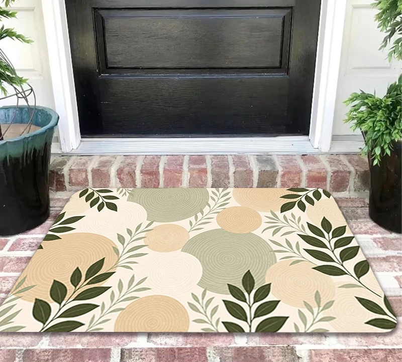 Boho Leaf Entrance Doormat Neutral Tone Circular Texture and Green Foliage Graphic Rug  Minimalist Farmhouse Entry Decor Mat