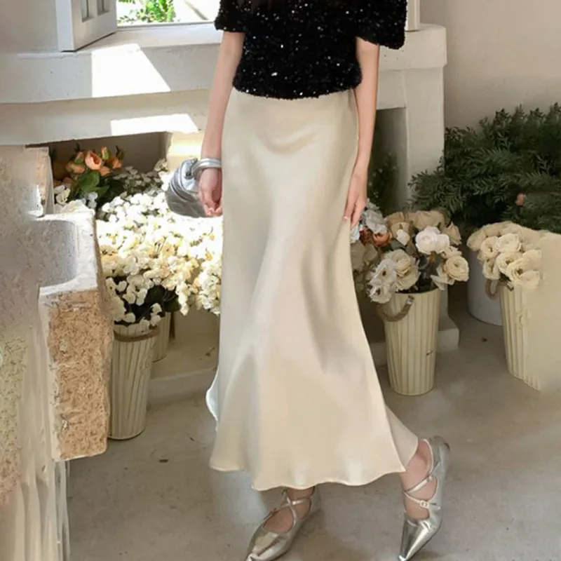 Biyaby Elegant Satin Midi Skirts Woman Fashion High Waist Long Skirt for Women Solid Color Fishtail A-Line Office Lady Skirts