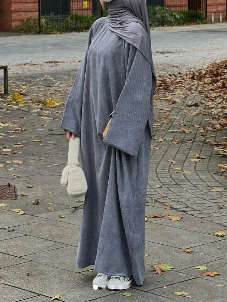 Abaya cerrada de pana para mujer, ropa islámica suelta, vestido musulmán cálido, caftán modesto de Dubái, Turquía, Ramadna Hijab túnica de Eid,