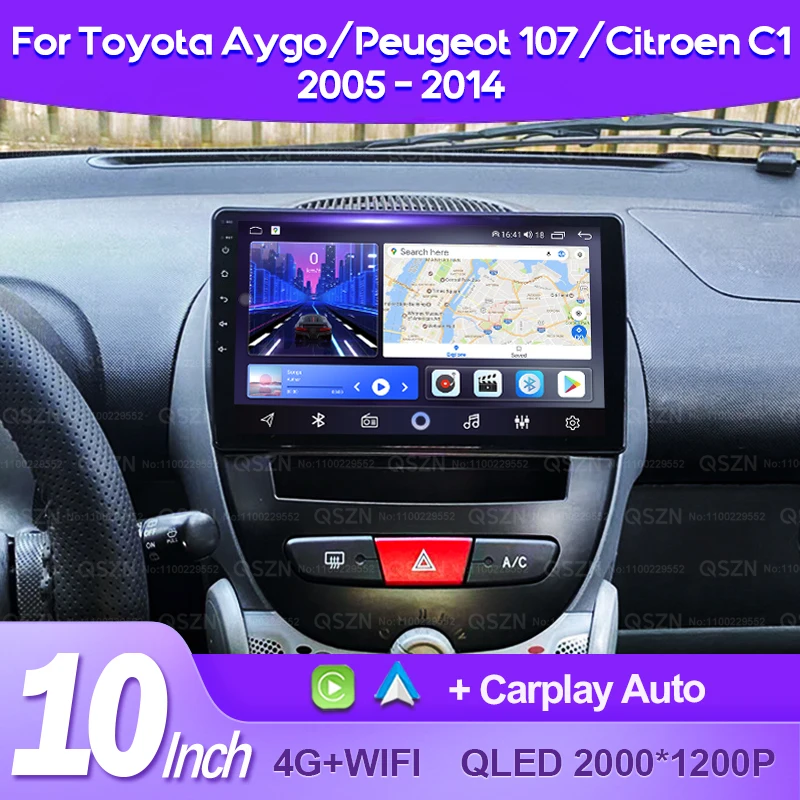 QSZN для Peugeot 107 Toyota Aygo Citroen C1 2005-2014 Автомобильный радиоприемник Android 13 Мультимедийный видеоплеер AI Voice CarPlay Auto 4G GPS