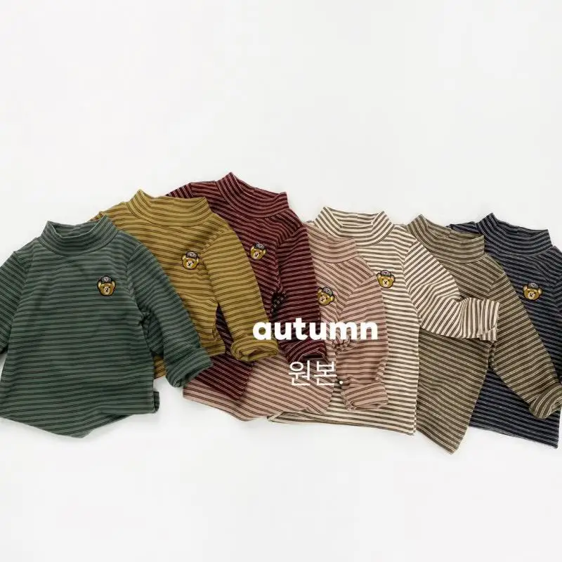 

2025 Autumn New Children Long Sleeve Striped T Shirts Cotton Kids Boys Girls Bear Embroidery Pullover Tops Baby Bottoming Shirts