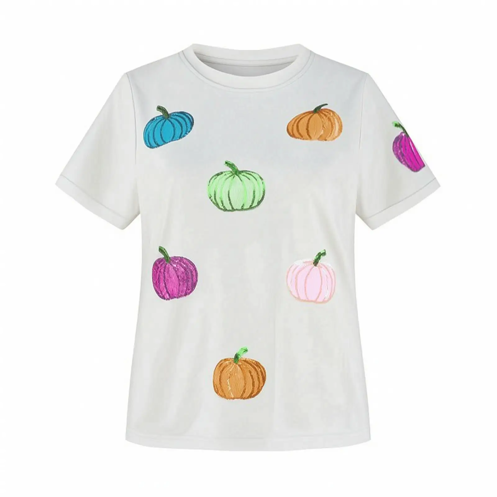 Summer Casual Tee for Women Pumpkin Print Loose Fit Polyester Short Sleeve Pullover Shirt Top