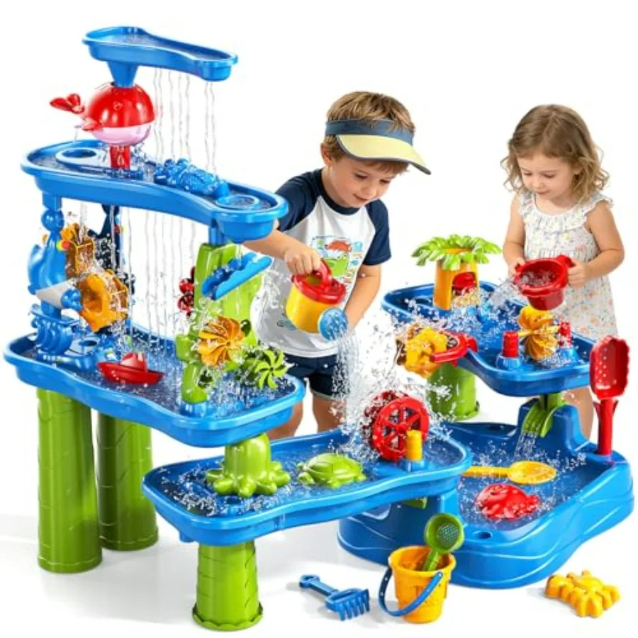 Sand and Water Table for Toddlers 18M+, 5-Tier Outdoor Plastic Play Activity Set in Blue, Durable UV-Resistant Design for Yard,