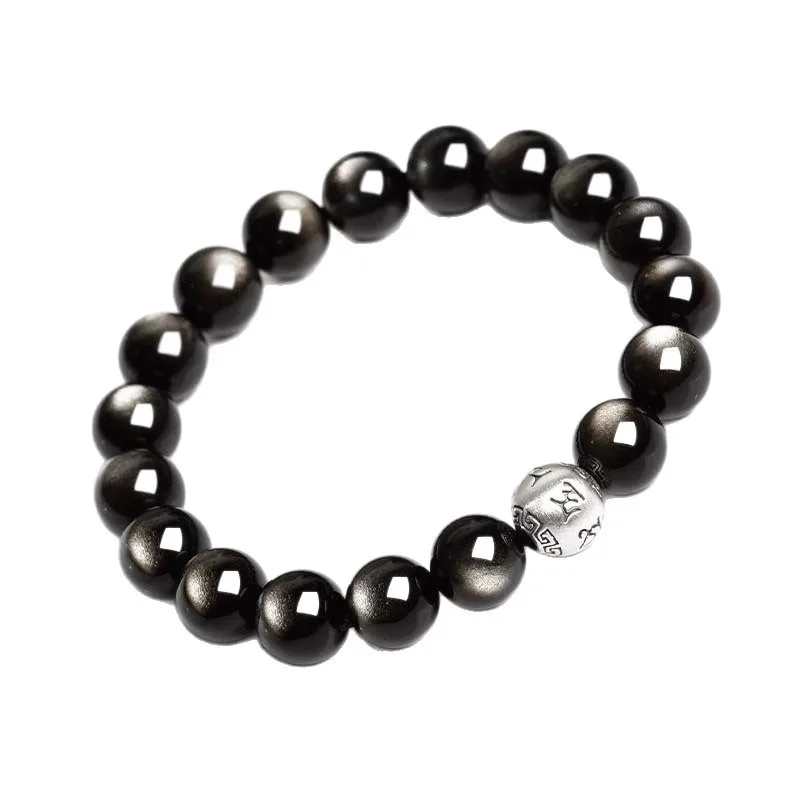 Natural Obsidian Bracelets for Men Six Syllable Mantra Lucky Beads Couples Silver Obsidian Crystal Bracelets Gifts