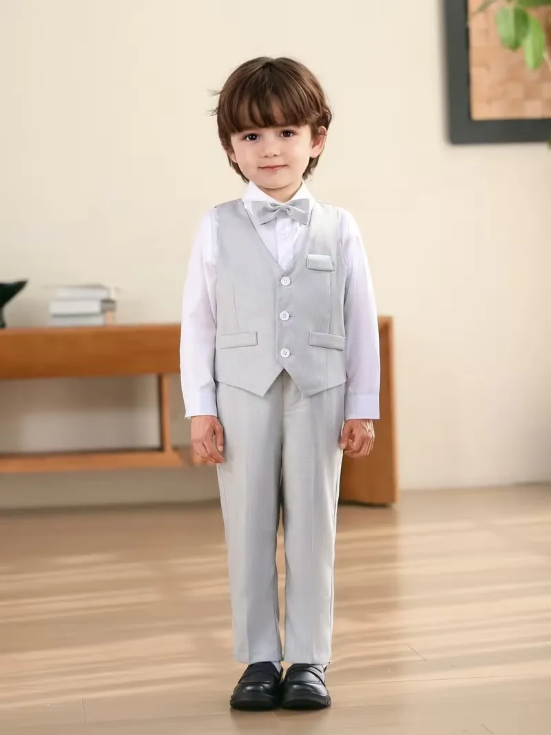80-150 Kids Summer Green Vest Shirt Pants Bowtie Photography Suit Boys Wedding Dress Children Ceremony Cosplay UNIFROM Costume