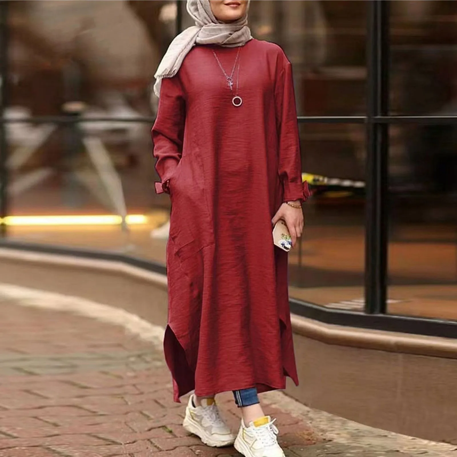 2024 Kaftan Muslim Maxi Dress Women\'s Islamic Sundress Long Sleeve Vestidos Female Casual Solid Robe Femme