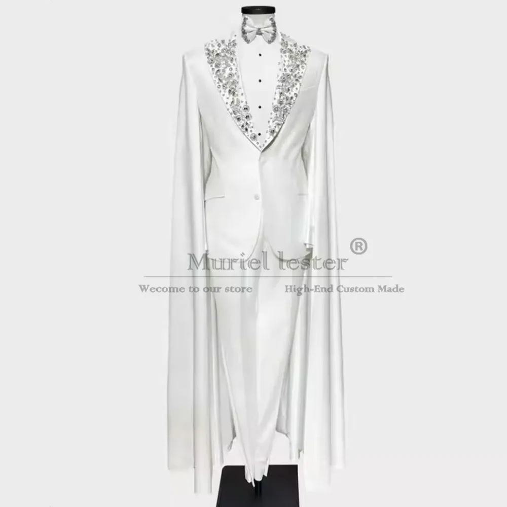 

Italian Design Suit Men Crystals Beaded Lapel Prom Blazer With Cape Customized 2-Piece Man Birthday Party Dress Groom Tuxedo