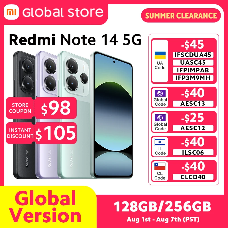 샤오미 레드미 노트 14 5G 스마트폰 글로벌 버전 NFC 108MP 128GB/256GB ROM 카메라 MTK 디멘시티 7025-울트라 45W 터보 충전