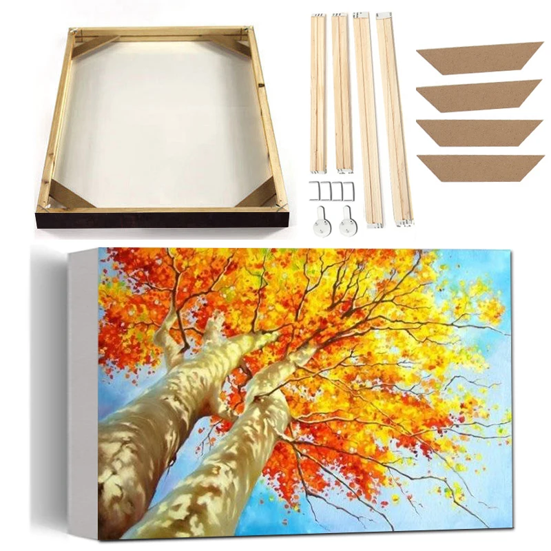 Colorful Tree Canvas Painting with Frame Birch Tree Maple Poster Prints Modern Abstract Plant Wall Art Picture for Living Room