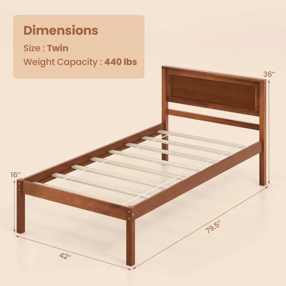 Twin Frames with Headboard, Solid Wood Platform Bed with Wood Slat Support, Single with 16